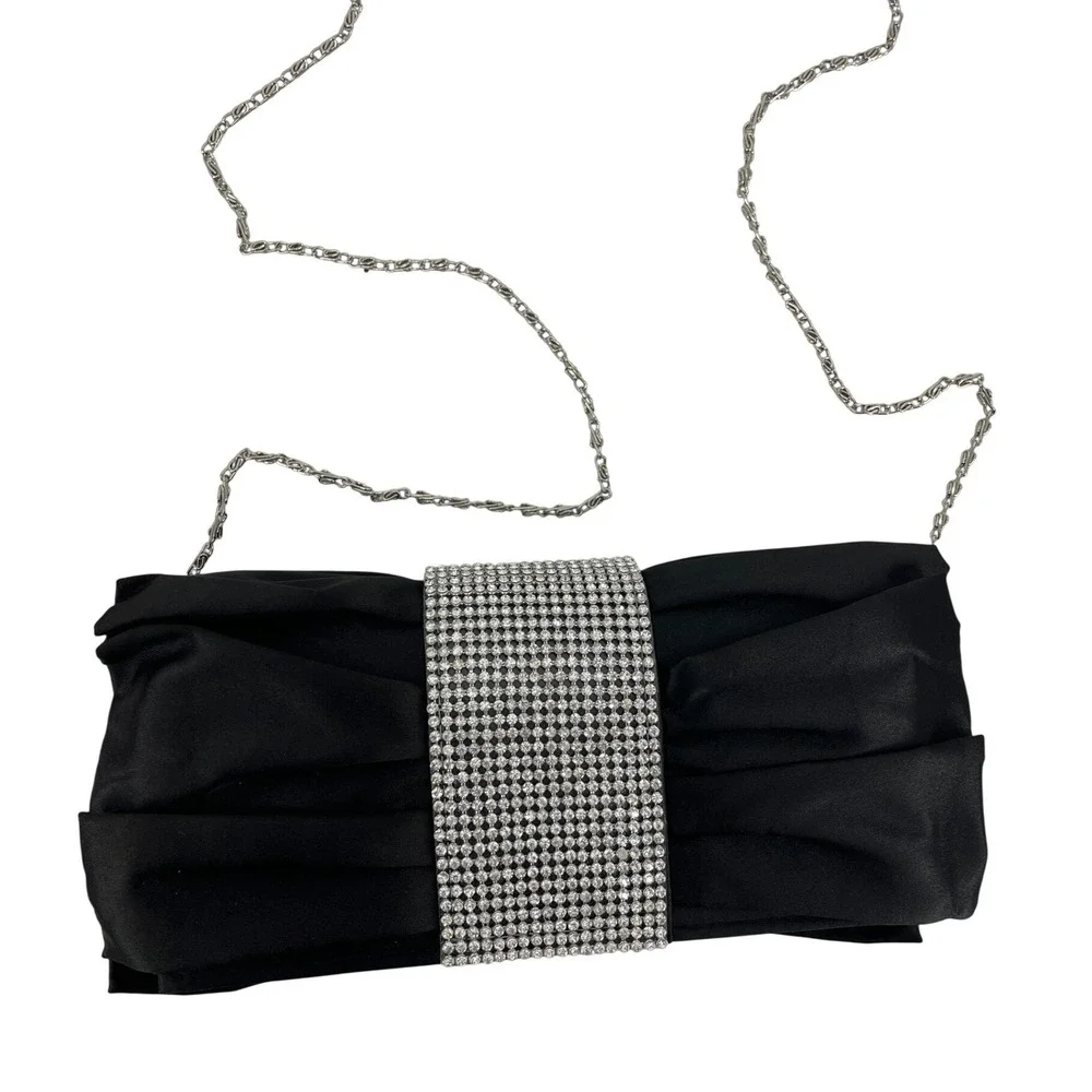 J. Francis Evening Clutch Women OS‎ Black Excellent Rhinestone Satin Chain Strap